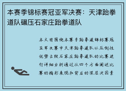本赛季锦标赛冠亚军决赛：天津跆拳道队碾压石家庄跆拳道队